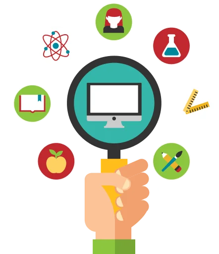 Magnifying glass over school subject icons