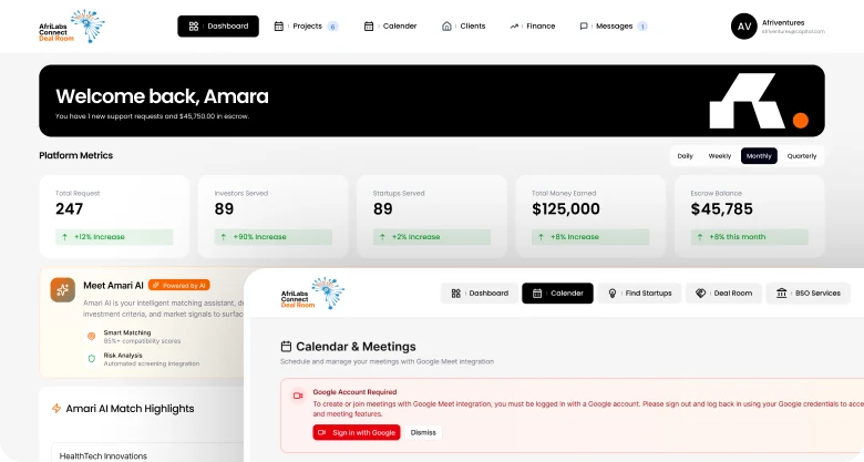 Member dashboard — funding activity, calendar and meetings