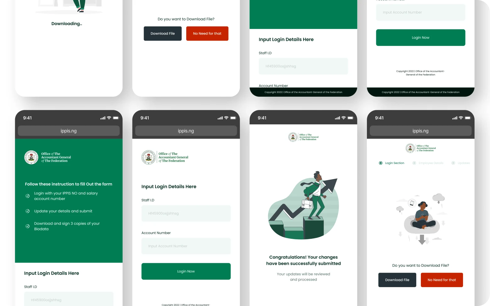 Mobile self-service — login, update and confirmation flow