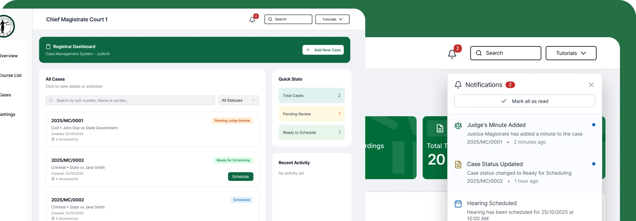 Dashboard — case cards, scheduling and activity