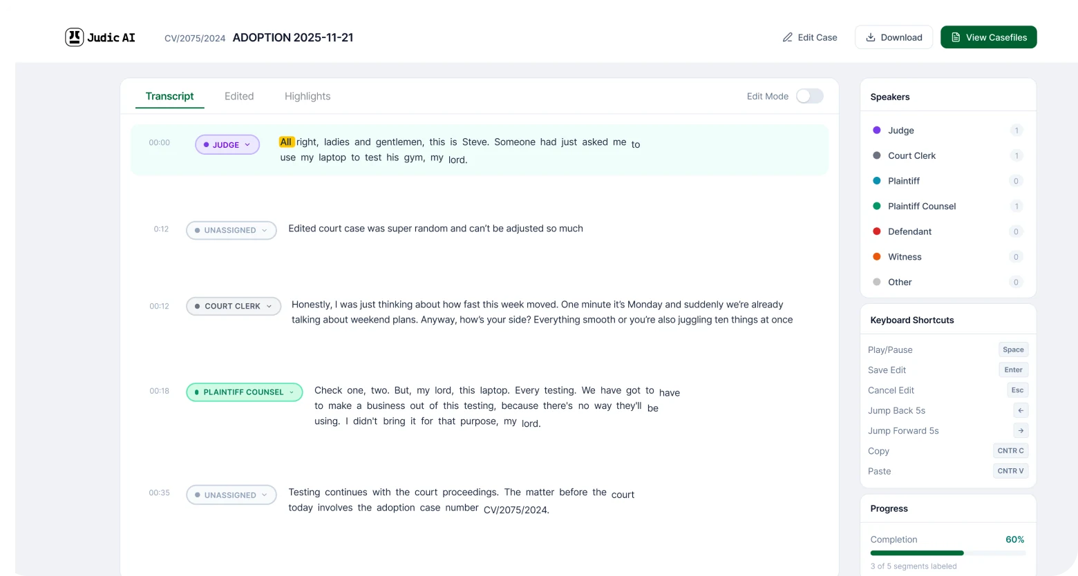 Transcript detail view with case sidebar