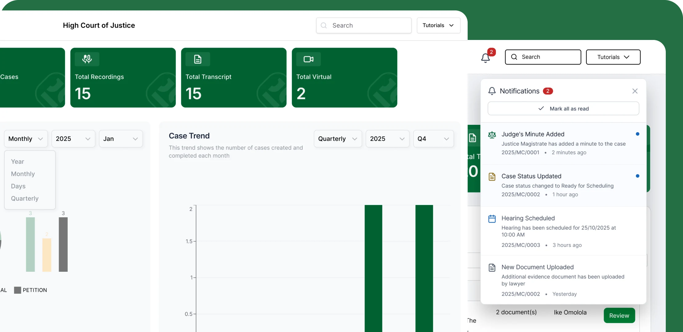 Judge dashboard — caseload, hearings and calendar