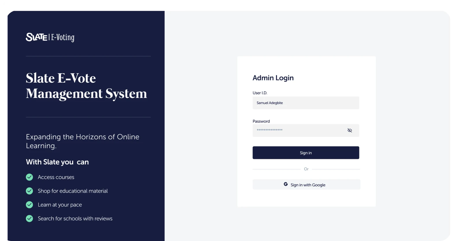 Slate E-Vote — management system sign-in