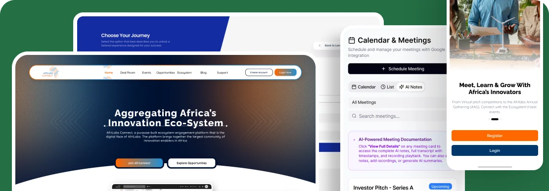 AfriLabs ecosystem: AfriConnect homepage, calendar, and events platform overview