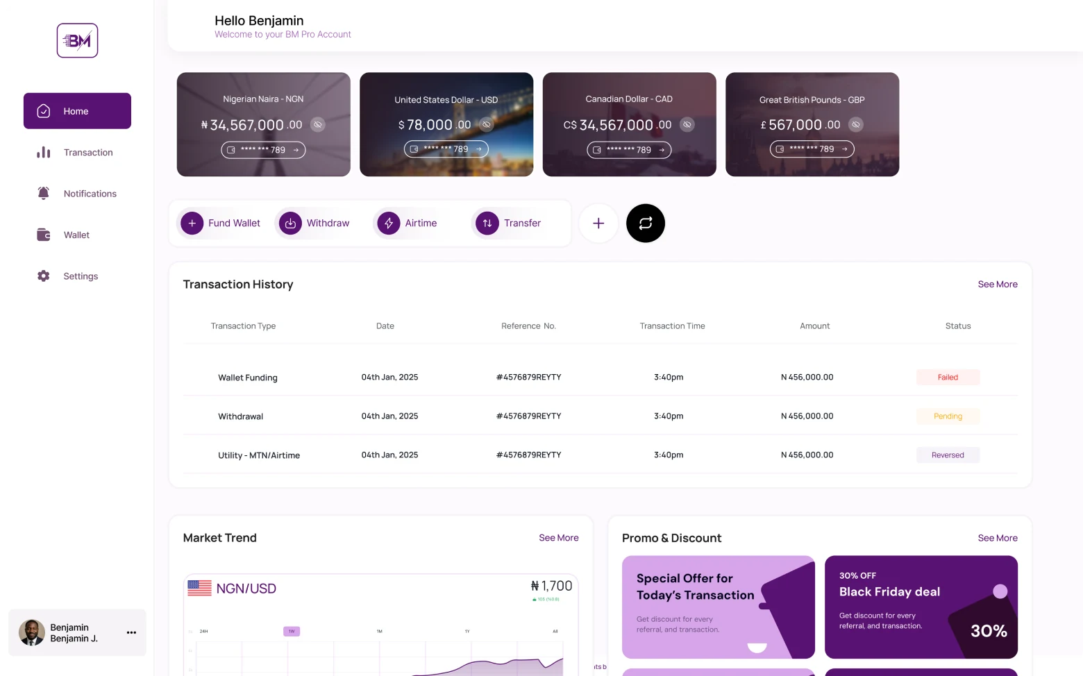 BM Pro Finance user dashboard