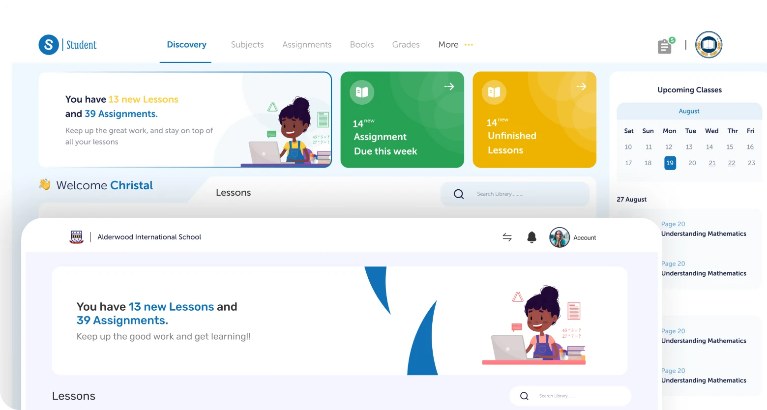 Slate student discovery dashboard: lessons, assignments and calendar