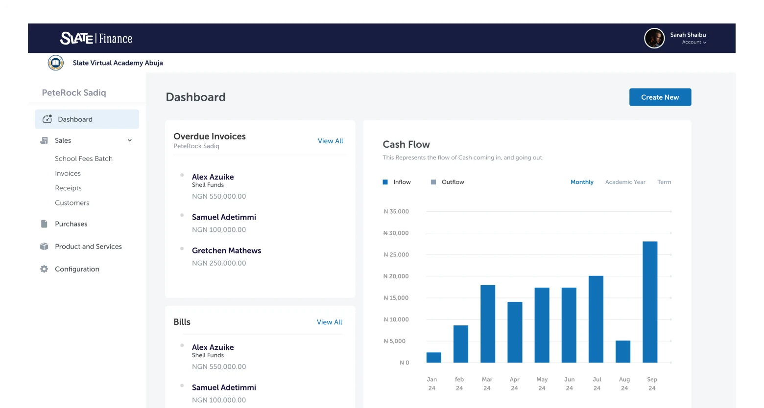 Slate Finance dashboard: overdue invoices and cash flow analytics